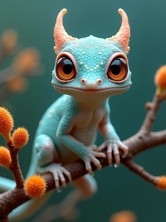 A fantastical gecko-like creature with a plump body gripping a branch. The creature has large expressive eyes and quirky horns. The branch features fuzzy orange growths. The background is a smooth teal gradient.