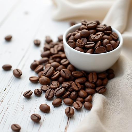 White table with a bowl filled with coffee beans. Many coffee beans scattered around the bowl. Soft lighting creates a warm atmosphere.