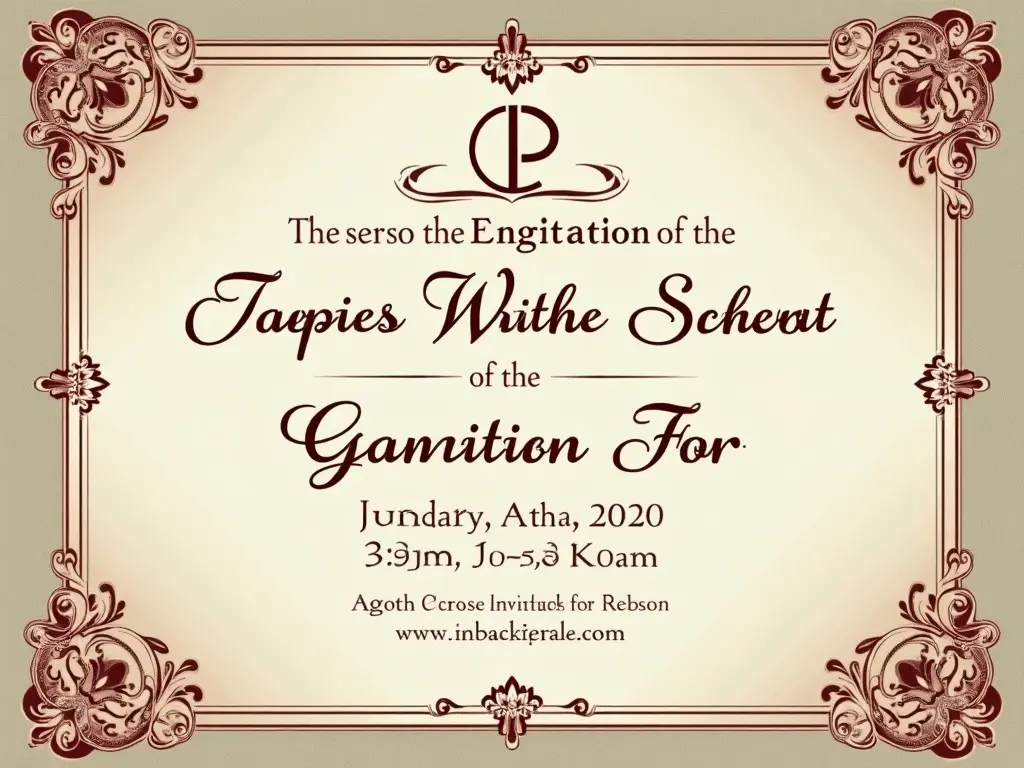 A vintage-style invitation card with ornate borders, featuring elegant, antique fonts and nonsensical text as placeholders for event details.