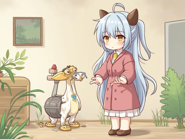 A cute animated character with blue hair wearing a pink coat stands next to a whimsical animal in a cozy indoor setting.