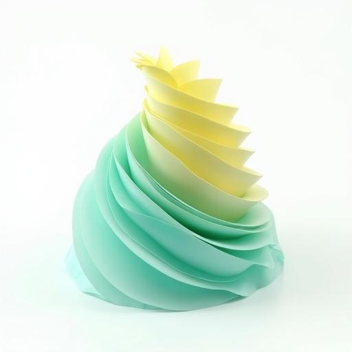 A clean, minimal 3D cone-like spiral structure made of smooth lines. The shape is twisted and elegant, forming a symmetric pattern. Use turquoise and yellow for the spiral color. Background is white with soft lighting to highlight the form.