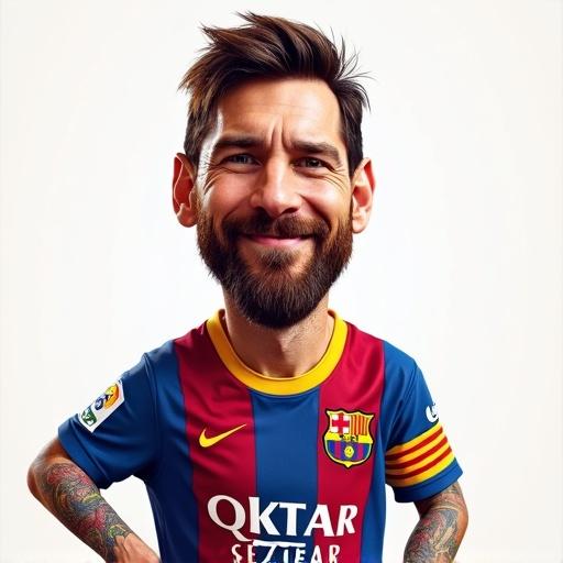 Caricature of Lionel Messi with a big smile wearing FC Barcelona jersey