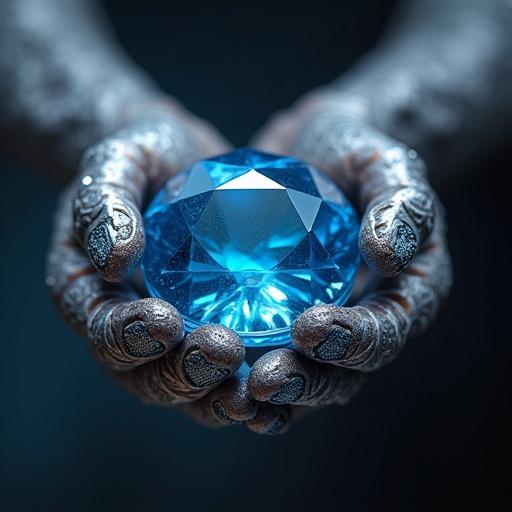 A blue gem is held delicately in silver hands with intricate detailing. The background offers a contrasting dark hue that highlights the gem's brilliance and the hands’ texture.