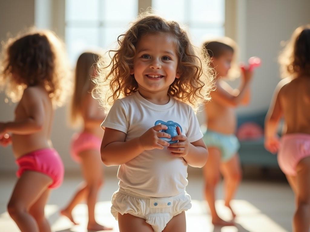 This image captures a joyful moment in a daycare setting. A young girl, approximately three years old, stands out in the foreground. She has long, curly brown hair and is smiling while holding a pacifier. The girl is wearing a full diaper under a t-shirt. In the background, several other children are also engaged in playful activities, all wearing diapers. The atmosphere is bright and cheerful, with natural light enhancing the vibrant setting.