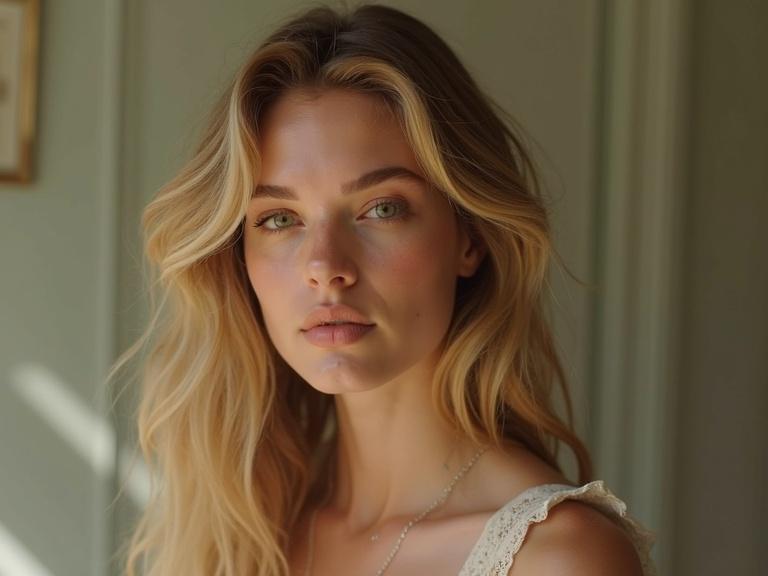 Create a modern music icon preparing for her Birthday Tour titled Birthday Girl. She has blonde-brown hair, a serene expression, and a quiet spiritual presence. The image captures her in a soft light, reflecting her lineage and potential without depicting any real person.