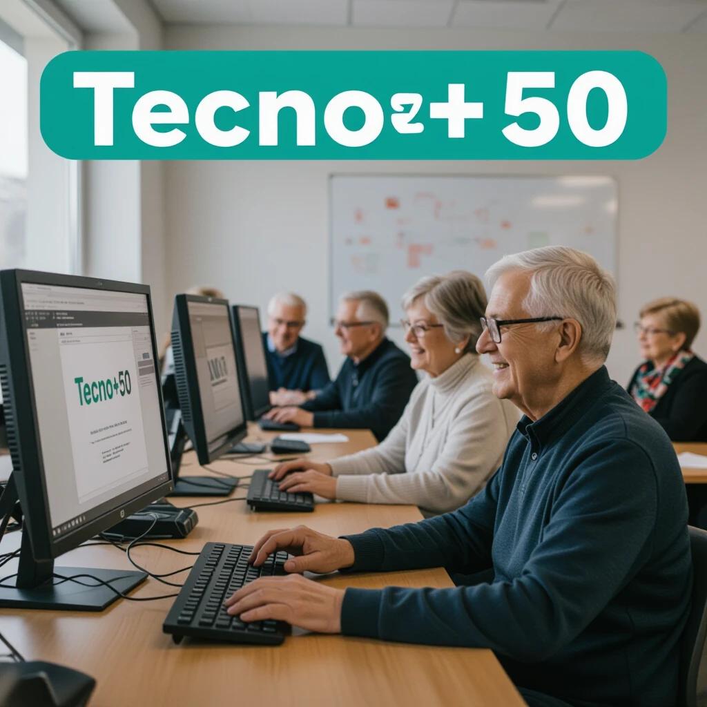 A classroom setting focused on seniors learning computer skills. Participants are engaged and typing on their PCs. The title Tecno+50 is prominently displayed. There is an atmosphere of joy and achievement from the learners.