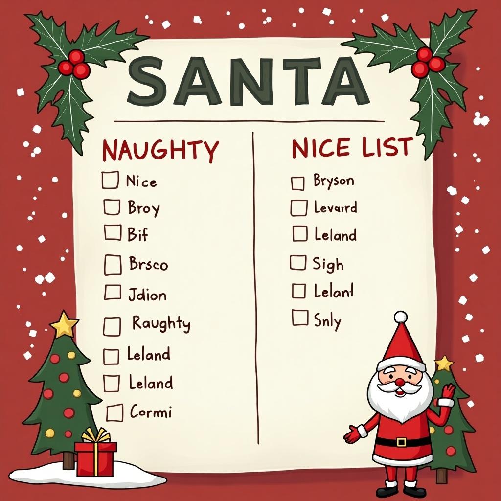 Letter from Santa features a Naughty and Nice list with names including Bryson and Leland. Decorated with festive Christmas elements.