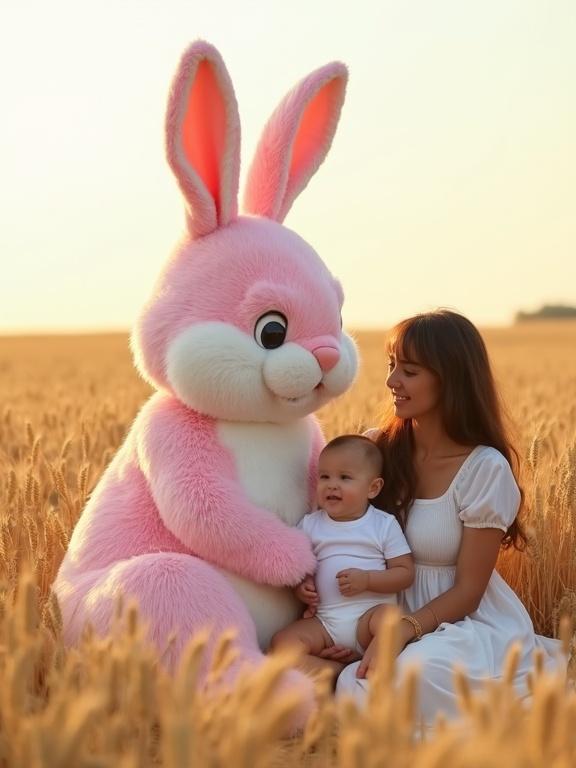 A large pink rabbit with a white belly sits in a golden wheat field next to a woman and a baby. The rabbit has soft fur and big ears. The baby wears a white romper and smiles next to the rabbit. The woman in a flowing dress looks at the baby and rabbit with love. Tall wheat stalks surround them under a sunny sky.