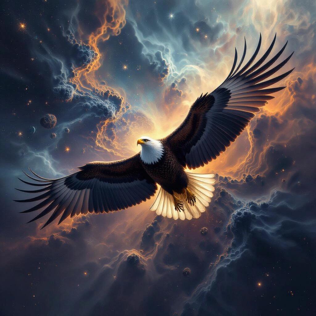 Surreal high tech art featuring an eagle soaring through a dark nebula with cosmic effects and Mandelbrot elements.