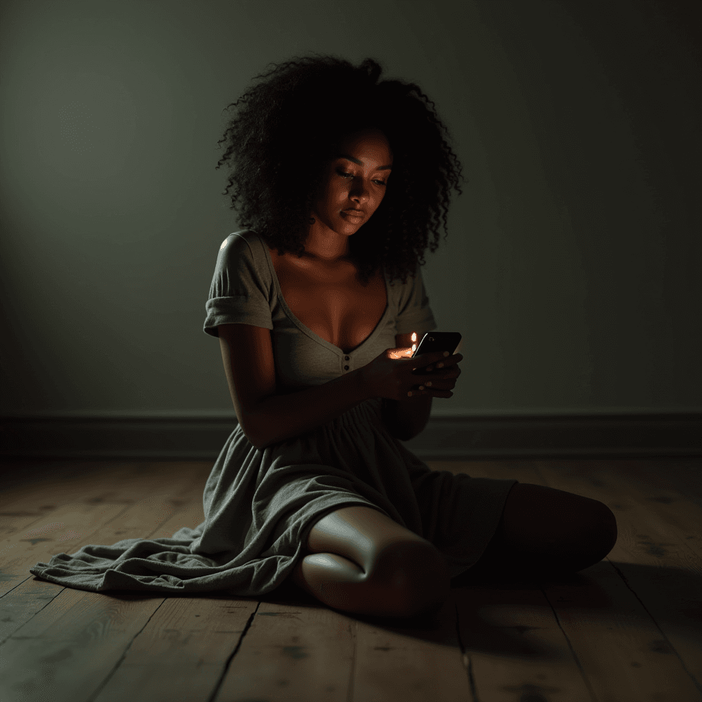 A person sits on a wooden floor, focused on their phone screen in a dimly lit room.