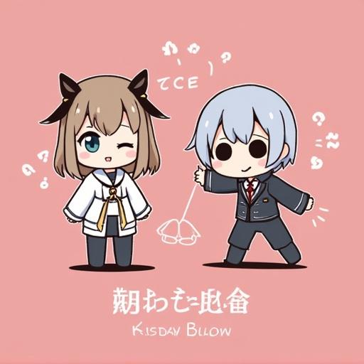 Chibi characters in cute outfits with playful expressions. Background is simple pastel pink. One character wears a traditional outfit and the other a suit. Both characters are engaging playfully. Exaggerated features typical of chibi art style.