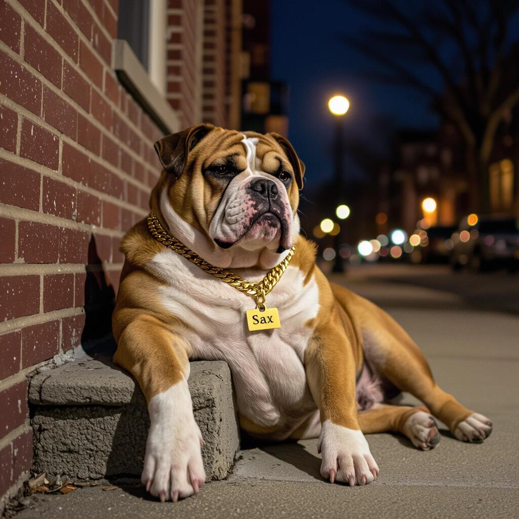 Funny raw photo of a large bulldog relaxing on a stoop at night. The dog wears a gold chain with a name tag saying 'SAX'. Scene includes street lights and an urban setting.