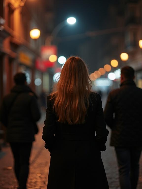Istanbul street at night. Women with long blond hair walks away from camera. Two men follow her. Streetlight creates a warm light. Cobblestone streets add texture.