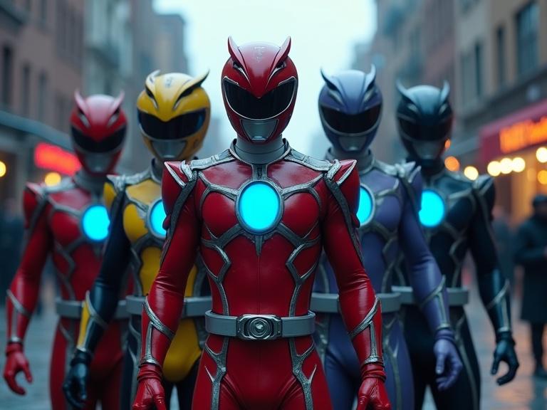 Five young superheroes stand confidently on a town street. They wear futuristic suits with details that include glowing round shapes. The setting features shops and street lights. A cloudy atmosphere adds depth. Each ranger has a different color theme. The team includes a buff red male, a blue skinny male, a yellow female, a bulky tall black male, and a light purple slim female. Touches of sci-fi elements reflect in their suits.