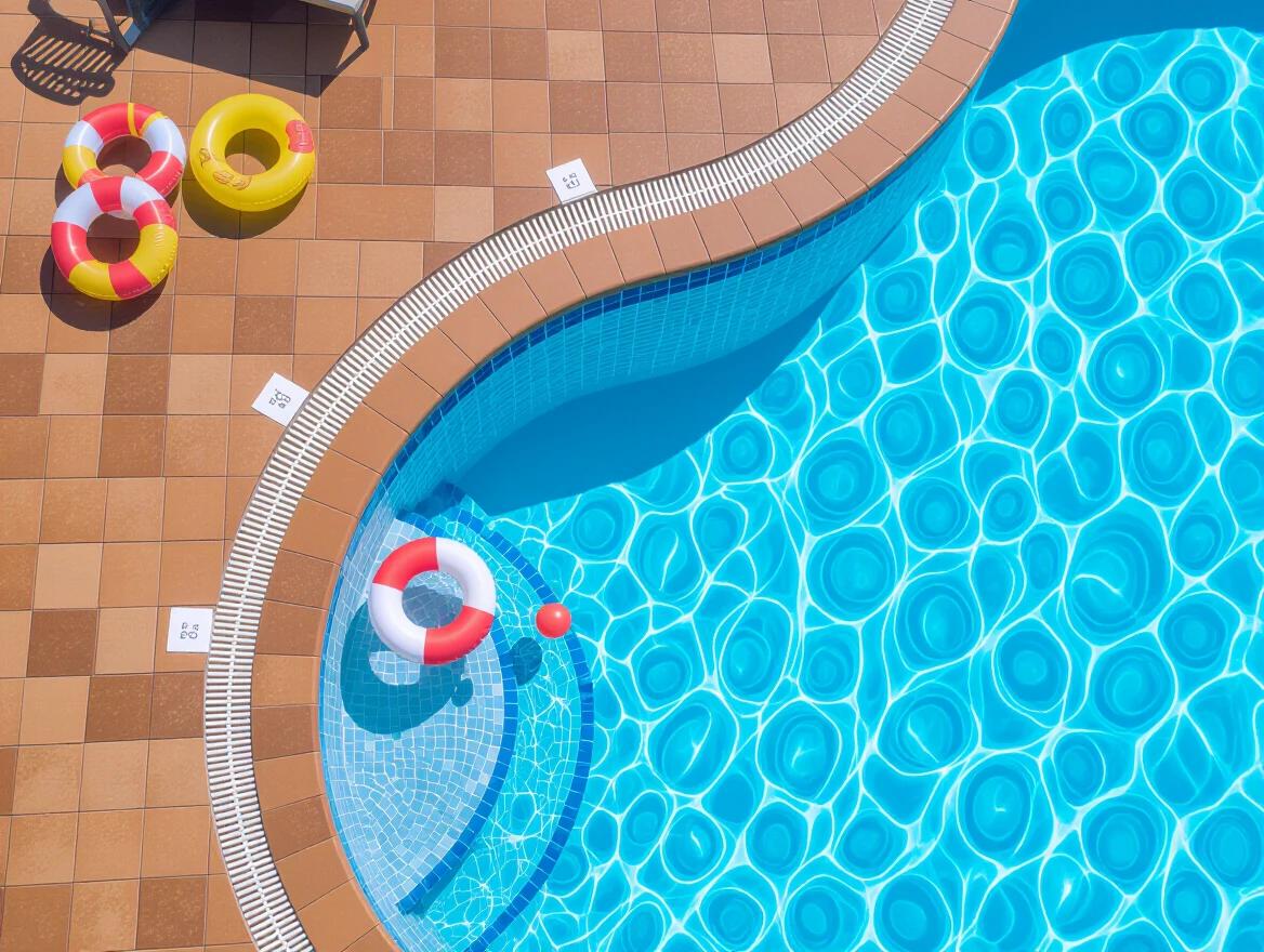 Overhead view of summer pool with brown and white mosaic tiles. Water toys are present near the edge of the pool.