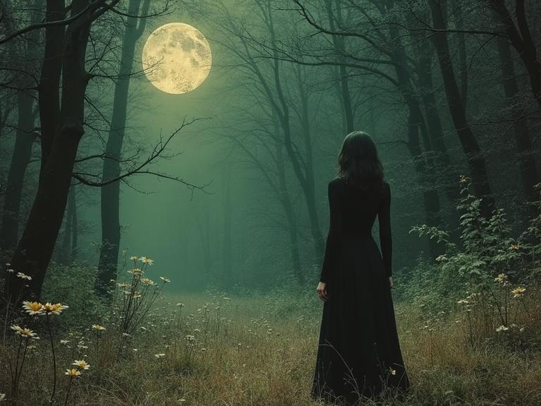 A woman stands in a dark forest wearing a black dress. Moonlight shines through the trees. The scene evokes a sense of mystery and surrealism.
