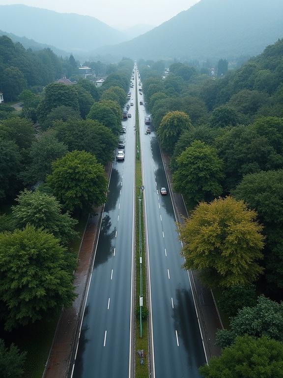 Low angle near ground revealed by vertical upward elevation to aerial bird's-eye view. Vast street captured with stable camera movement and no shake.
