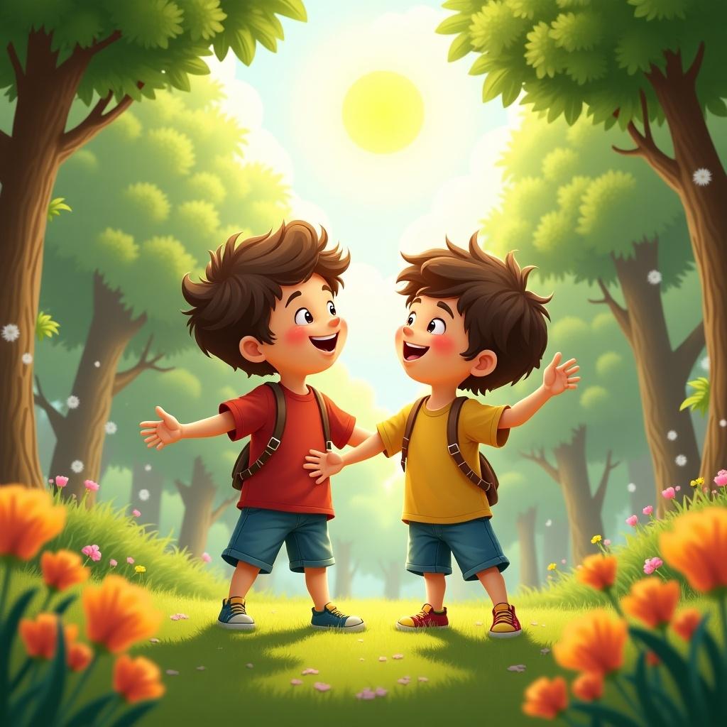 The image depicts two joyful boys standing in a sunlit forest. One boy wears a red shirt and the other a yellow shirt. They have cheerful expressions as they spread their arms wide, as if inviting others to join them. Bright flowers and lush greenery surround them, creating a vibrant atmosphere. The sun shines brightly above, enhancing the cheerful mood of the scene. This illustration captures the essence of friendship and adventure in nature.