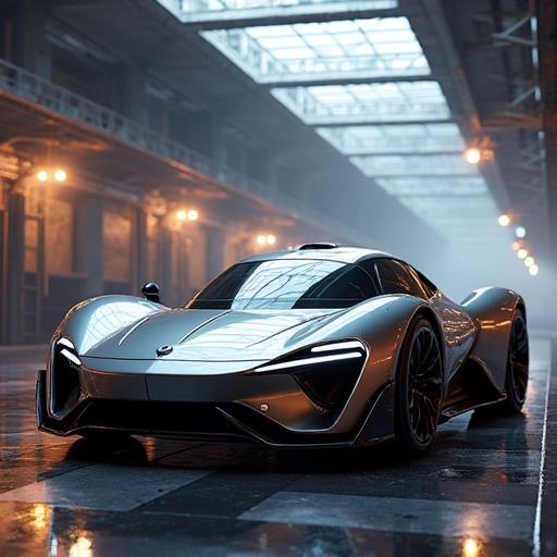 Realistic 3D render of a car in a sci-fi robotic factory. Incorporates elements of the Coronation of Napoleon painting and digital billboard with point cloud. Created using Unreal Engine 5, Keyshot, and Octane. Features ultra high detail and cinematic quality.