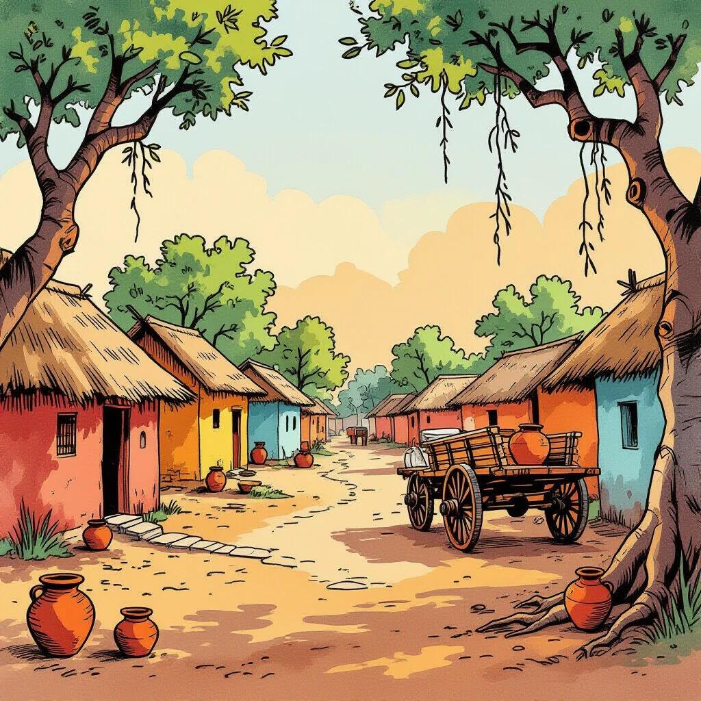 Wide landscape-format abstract rural image. Hand-drawn sketch style with expressive ink lines. Elements include thatched huts, clay walls, wooden bullock cart, scattered mud vessels, banyan trees. Vibrant colors like earthy ochre, warm rust orange, faded turquoise. Soft gradient background from sunlit beige to smoky dusk grey. Harmonious layout evoking warmth and simplicity of rural India.