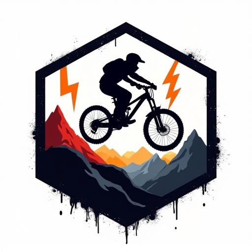 Aggressive mountain biking logo. Digital illustration features a silhouette of a rider mid-jump inside an octagonal frame. Background includes jagged mountain peaks and lightning bolts. Bold colors used with sharp shapes and a thick black outline. Grunge texture detail surrounds the edges.