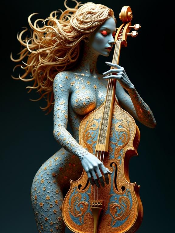 3D sculpture of golden woman playing cello. Body has swirling patterns. Hair flows in golden curls. Cello glimmers with intricate designs. Background dark, highlighting glow.