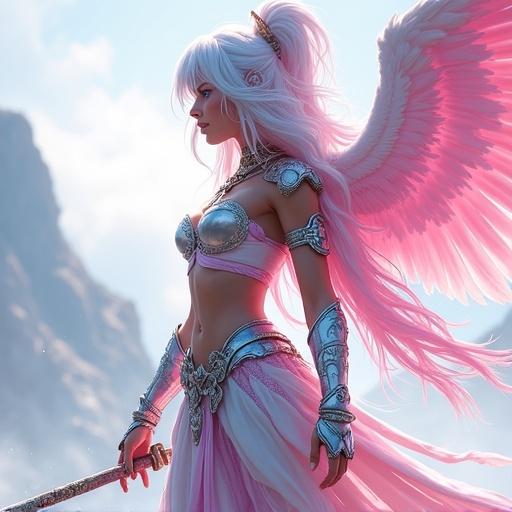 Fantasy character designed in ancient warrior style. Features pink, white, and blue colors. Character has angelic wings and intricate armor.