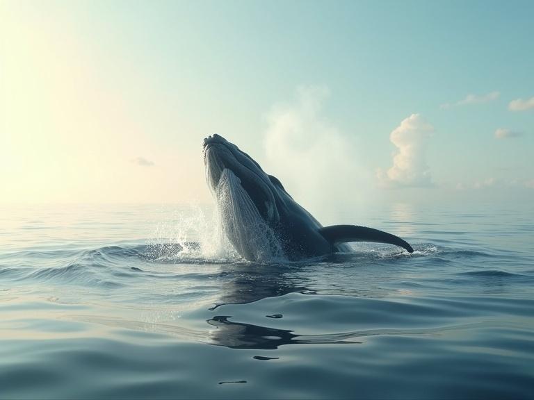 Hyperrealistic scene of a whale swimming away in calm ocean. Whale gracefully arches back while diving. Powerful spray of water from blowhole into air. Sea reflects soft sunlight with gentle waves. Clear or lightly clouded sky. Warm natural light casts over the scene. Cinematic lighting emphasizes size and peacefulness.