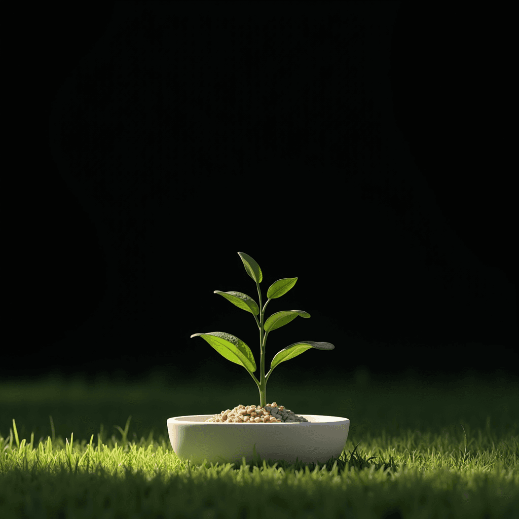 A sapling grows in a white bowl filled with pebbles, set against a dark background with hints of grass below.