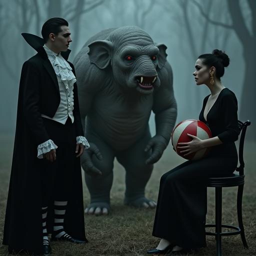 Ultra realistic photograph in a spooky night landscape. A vampire dressed in vintage attire stands on the left. On the right, a sophisticated woman in a black silk dress sits on a stool. A grotesque creature stands center with a muscular body and aggressive expression. Dark foggy forest with leafless trees in the background. Dim lighting enhances the eerie mood.
