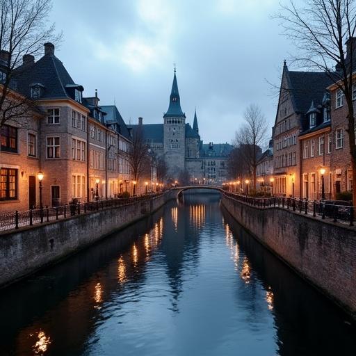 A canal scene with charming stone buildings. Warm lights illuminate the surroundings. A castle rises in the background.