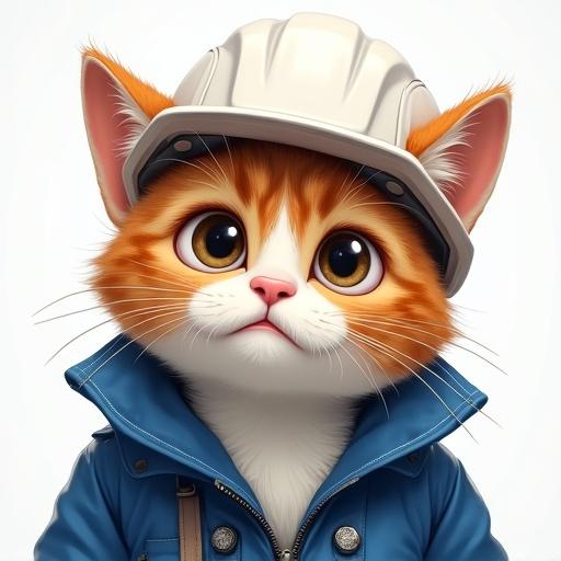 A semi-realistic cat with orange fur. The cat wears a white hard hat and blue work jacket. The expression is confused with a tilted head and furrowed brow. The mouth is slightly open, and the ears are asymmetrical.