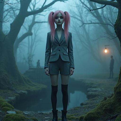 A young woman with long pink twin-tails wears a grey suit with shorts. She has black stockings and boots. Her skin is turning pale and waxy, with cracks on her face and limbs. Her eyes glaze with a glassy stare. The scene is a foggy forest near an old well. Twisted shadows surround moss-covered trees. A dim lantern casts faint light. A dark figure appears in the mist. Highly detailed horror theme with cinematic lighting.
