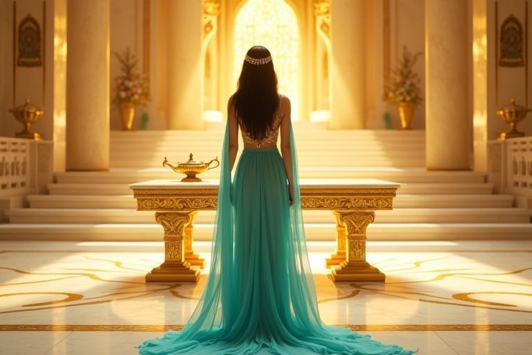 Inside a luminous temple at the top of a golden staircase stands a tall Arabian princess. She gazes in awe at a beautifully designed table made of polished marble. The table holds a golden antique magic lamp. Princess wears a radiant turquoise outfit with ornate gold embroidery. She has long, shiny black hair and a jeweled headpiece. The scene is magical and chargeable with destiny.