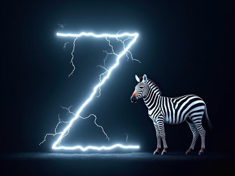 Capital letter Z appears like lightning. Small letter z appears smaller as zigzag. A zebra stands next to the lightning.