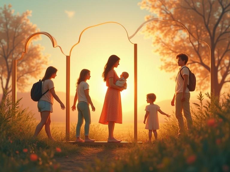 Diorama-style scene showing different stages of a mother’s life. Silhouettes represent holding a baby, guiding a child, sending a child to college. Background has soft golden lighting and warm pastel tones. Layered, glass-like compartments capture emotions.