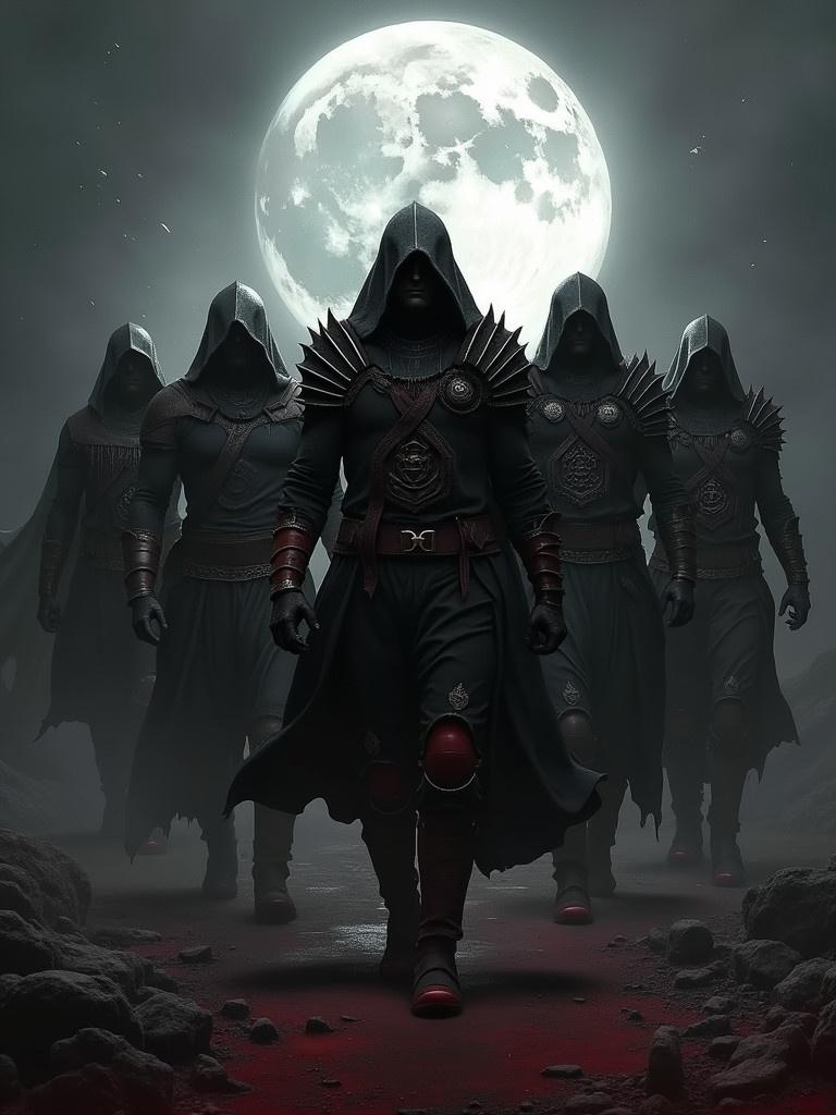 Five cloaked warriors standing in formation against a full moon. Dark attire and armor. Eerie atmosphere with a hint of danger. Approaching with purpose and intensity.