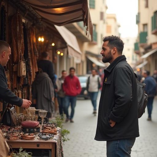 Casually dressed man stops at street stand selling bags and accessories. He asks seller the price in Algerian dialect while seller responds with a smile to chat privately. Urban scene showcases local buildings and friendly atmosphere, with North African realism.