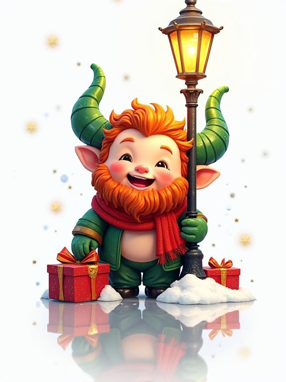 A happy chibi style chubby hairy satyr with ginger hair and long beard. He wears a red scarf. Standing next to a Victorian street lamp. Holding wrapped presents. Background is pure white. Ground has snow and it is snowing. Elements have crystalline appearances and are brightly colored. Atmosphere is festive.