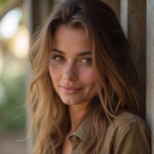 A beautiful woman with long hair smiles warmly. She has green eyes and is wearing a casual shirt. She appears kind and caring. The environment is soft and natural.