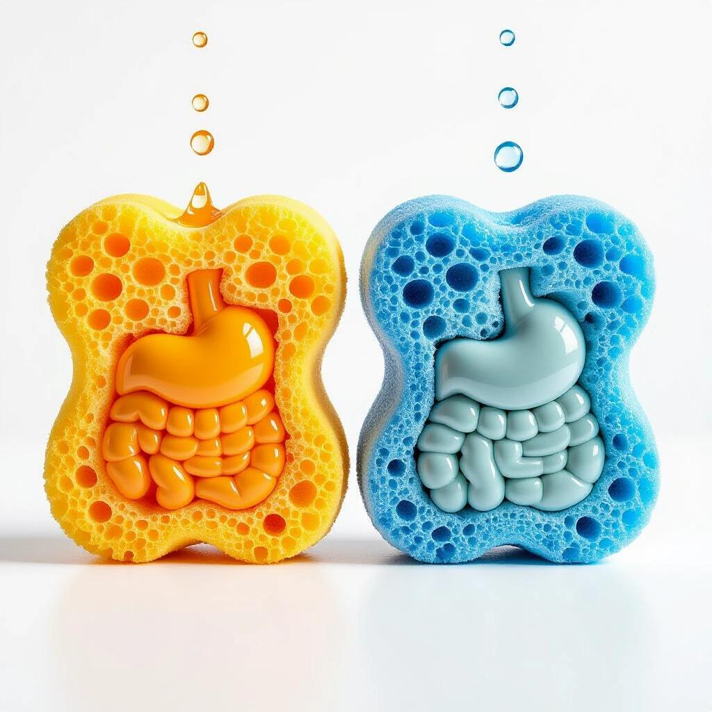 Two realistic sponges shaped like simplified human stomachs on a white background. One sponge is orange representing Spidufen. The other sponge is grayish-blue. A water droplet falls onto each sponge simultaneously. The droplet on the orange sponge absorbs quickly while the grayish sponge has the droplet remain intact. The texture of the sponges is semi-porous resembling real-world foam with shadows and surface reflections.
