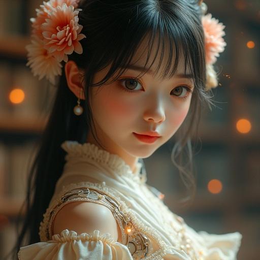 Full body shot of an android girl. Natural skin texture with visible pores and subtle imperfections. Realistic eyes with reflections. Soft natural lighting. Exquisite robe with metallic panels. Library background with glowing books. Rich facial features and subtle smile.