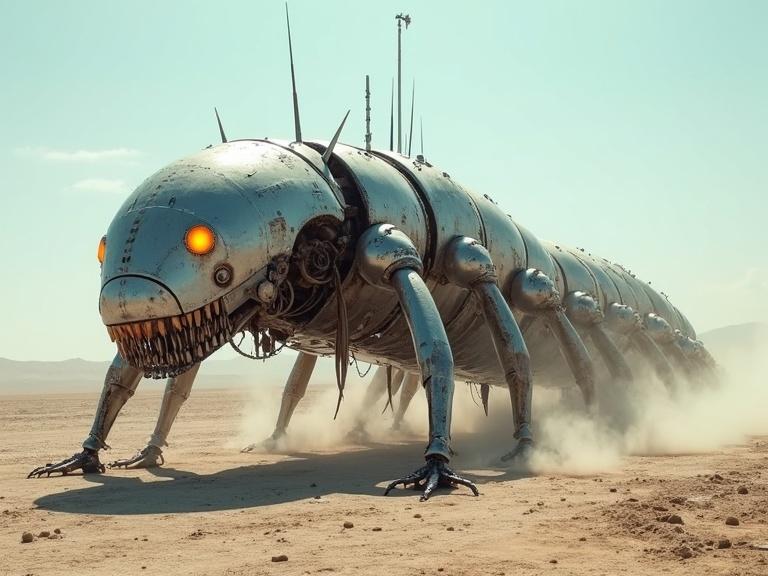 Create an image of a huge centipede robot in a desert landscape with blue sky. The robotic creature features a shiny silver exoskeleton, glowing orange-red eyes, and long segments of metallic plates. It has sharp teeth and antennas with metal coil wires, as well as small exhaust holes emitting steam. The scene captures a gritty, realistic, and detailed aesthetic with sunlight and shadows.