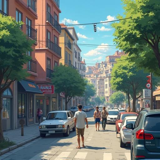 Scene depicting a bright urban street with people walking. Several buildings line the street, showcasing modern architecture. Cars parked on the side while trees add greenery. A clear blue sky overhead enhances the vibrant atmosphere.