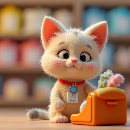 Cute 2D kitty wearing a tiny sales badge scanning items at a miniature register