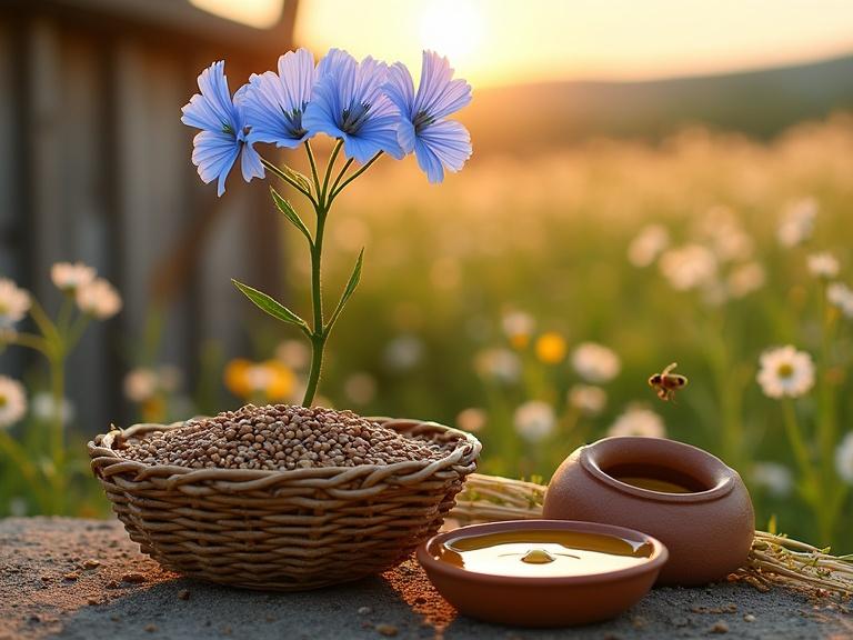 A natural scene showcasing the Flax plant’s lifecycle. A slender green stem rises from soil with blue flowers. Below, brown seed capsules spill amber seeds. A woven bowl holds glistening seeds next to a dish of golden oil. A bundle of retted flax stalks leans against a terracotta pot. The setting includes wildflower meadows and a wooden fence at golden hour.