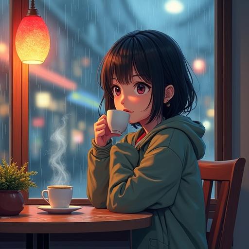 A Lofi style anime girl is sitting and drinking hot coffee. Outside it's raining, with colorful lights from a Japanese city. The style is semi-anime, semi-Ghibli, and includes semi-3D elements. Steam rises from the coffee cup.