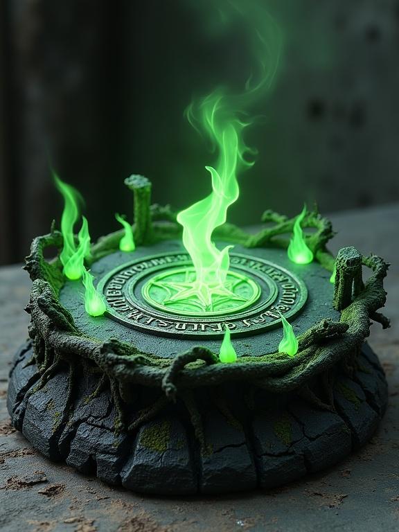Resin sculpture base for a fantasy figure. Circular and raised design made of black stone with glowing green flames. Twisted roots and dark moss at the edges. Magical symbols engraved on the platform. Surrounding decorative Gothic spikes and small floating flames. Dark and magical style. Realistic textures for sculpture printing. Symmetrical and detailed design.