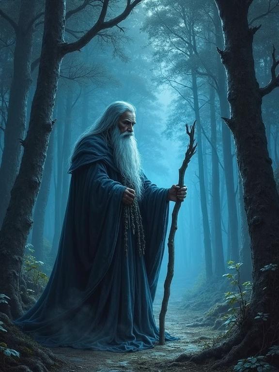 Chalk illustration of a pre-Lord of the Rings Gandalf in a dark forest. Gandalf has a long white beard and wears a blue robe. He holds a staff. The forest is ominous and shrouded in dark hues. An eerie blue glow surrounds him.