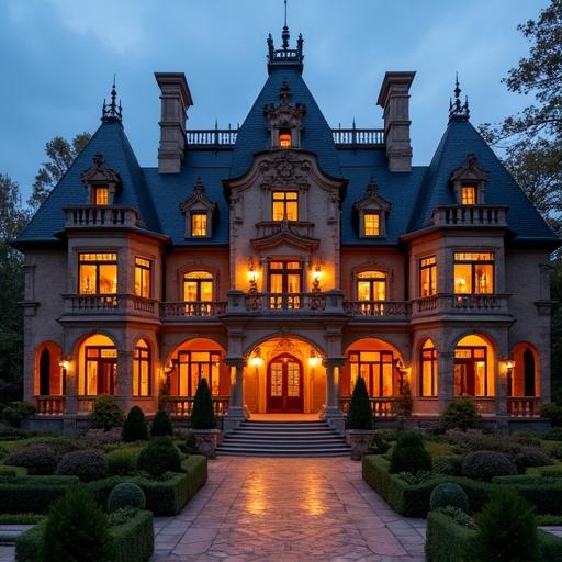 Image of a grand hotel resembling a mansion. Architectural details are prominent. Warm evening lighting creates an enchanting atmosphere. The setting is inviting and elegantly designed. Hotel features inviting design with architectural details. The hotel showcases warm inviting light.
